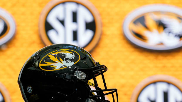 Jul 18, 2022; Atlanta, GA, USA; Missouri Tigers helmet shown on the stage during SEC Media Days at the College Football Hall of Fame. Mandatory Credit: Dale Zanine-USA TODAY Sports